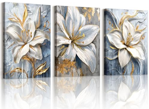 WENGTIAO 3 Piezas Gris Blanco Oro Lirios Flore Cuadros Enmarcados 30x40cmx3 | Nórdico Minimalista Abstracto Floral Pintura sobre Lienzo Cuadros Decoracion Salon Modernos Dormitorios Decoracion Pared