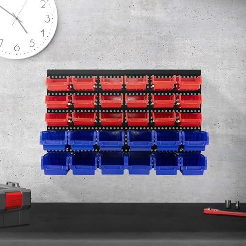 ECD Germany Estantería de Pared con Cajas Apliables 30 uds Azul-Rojo 18 Tolvas Pequetes y 12 Grandes con Compartimento para Etiquetas Sistema de Almacenaje Extensible de Frente Abierto