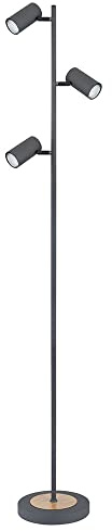 Stehlampe Stehleuchte Wohnzimmerlampe, 3-flammig, Moderne Standlampe, Holzoptik, Strahler verstellbar, Metall, graphit, 3x GU10, LxBxH 25x23x254 cm