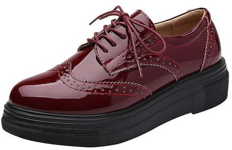ANUFER Women's Stylish Lace-Up Brogues Platform Faux Patent Leather Casual Trainers Shoes SN0701109 Burgundy UK6