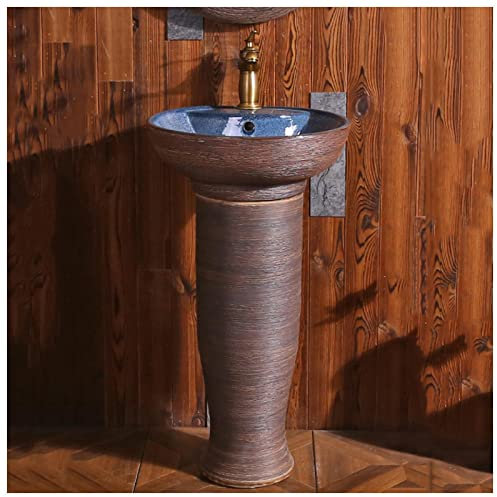 GLJTUO Lavabo sur Pied Lavabo en Céramique Fabriqué À La Main Lavabo sur Pied, Évier sur Pied en Argile Kaolin, Évier Rond sur Pied pour Intérieur Et Extérieur, G, (F sans Miro(F Without Mirror)