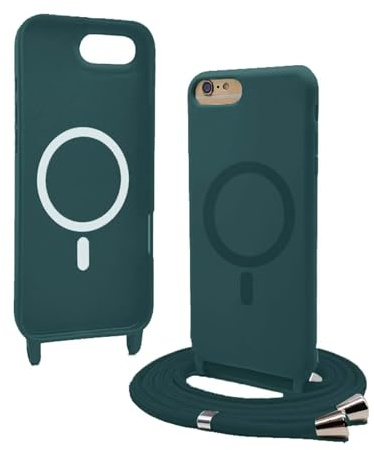 Bigcousin Handykette für iPhone 8 / iPhone SE 2020/2022 Hülle mit Band,Magnetisch kompatibel mit Magsafe,Silikon Necklace Handyhülle mit verstellbar und abnehmbar,Dunkelgrün