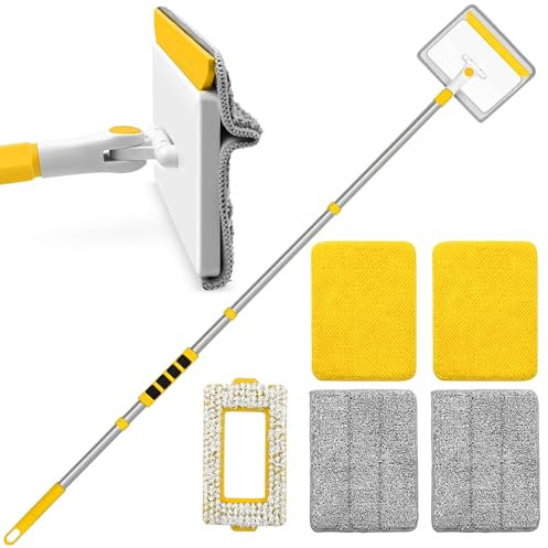 JEHONN Skirting Board Cleaner Tool with Long Handle 142 cm, Wall Mop with 1 Stiff Bristles Scrubber Brush, 2 Chenille, 2 Microfiber Pads, Baseboards Duster for Cleaning Ceiling Window Tile (Yellow)
