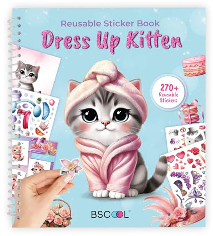 BSCOOL Cat Sticker Book for Kids Fashion Design Activity 270+ Stickers | Activity book screen-free fun for girls ages 5–8. Features kitten dress-up scenes — makes a great birthday gift