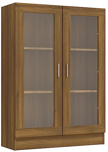 Rustikales Bücherregal mit Glastüren und Regalen, CD-Aufbewahrungseinheit, Sideboard, Organizer, Schrank für Wohnzimmer, Heimbüro, braune Eiche, 115 cm H