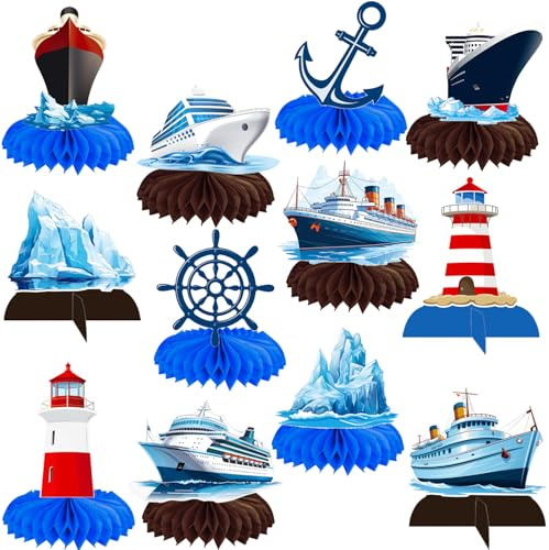 Nautical Ship Honeycomb Centerpieces 12Pcs Nautical Party Table Decorations Lighthouse Anchor Centerpieces Iceberg Sailor Birthday Party Decorations for Sailing Theme Party Supplies
