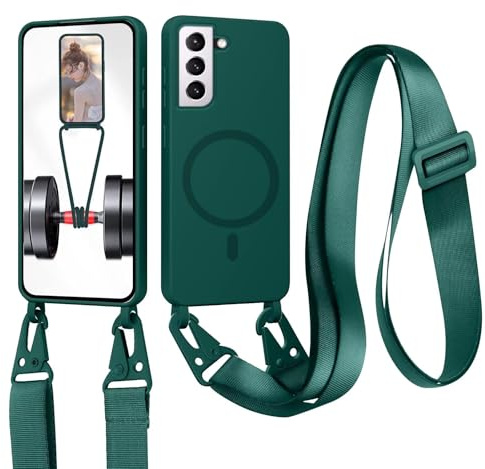 Handykette für Samsung Galaxy S21 Hülle mit Band Abnehmbar [Kompatibel mit Magsafe] Flüssig Silikon Necklace Handyhülle Magnetische Schutzhülle zum Umhängen Kordel für Samsung Galaxy S21, Dunkelgrün
