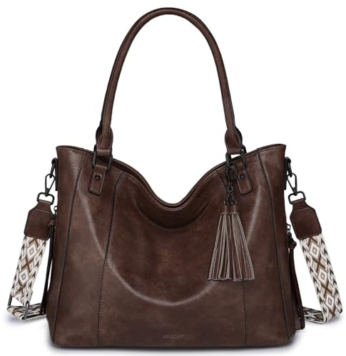 VASCHY Hobo Bags for Women, Vegan Leather Crossbody Tote Bag Purse with Zipper Shoulder Handbag w Vintage Guitar Strap for Work Coffee
