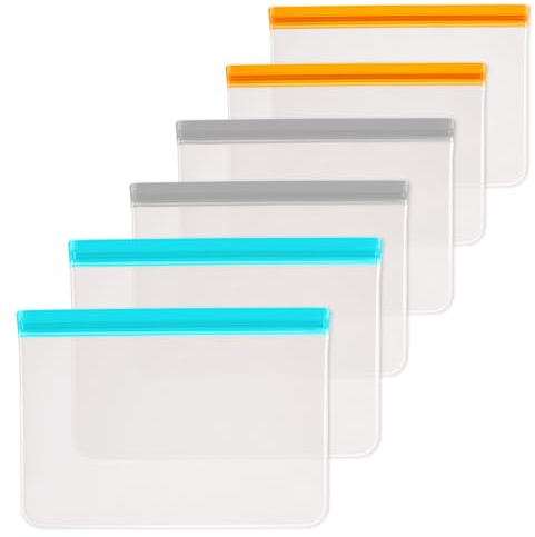 Xinjoduz 6 PCS Reusable Freezer Bags, Silicone Food Storage Bags Dishwasher Safe, Leakproof Reusable Zip Sandwich Snack Pouches for Candy, fruits, Cereal, Home Organization (3 Gray/2 Blue/1 Orange)