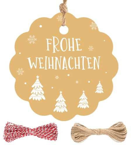 jijAcraft Frohe Weihnachten Geschenkanhänger Rund: 6cm Kraftpapier Weihnachtsanhänger 100 Stück Frohe Weihnachten Papieretiketten Tags mit Schnur zum Adventskalende DIY Weihnachtsbaum
