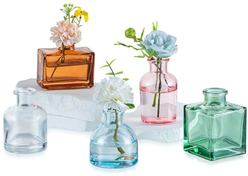 Glasseam Mini Vasen für Tischdeko, 5 Stück Bunte Kleine Glasvasen Set | Deko Vase Glas, Blumenvase Modern Dekoration, Home, Office, Wohnzimmer, Tisch, Regal, Fenster