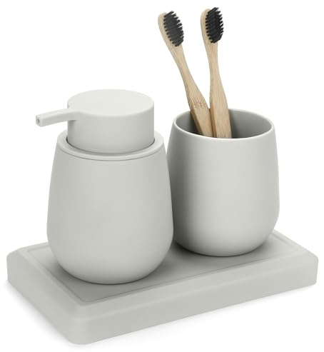 AJEUNGAIN Set Bagno Beige - Dispenser Sapone, Portaspazzolino, Vassoio da Vanity, Moderno Accessori Bagno con Rivestimento in Gomma, Organizzatore da Banco Decorativo (Beige)