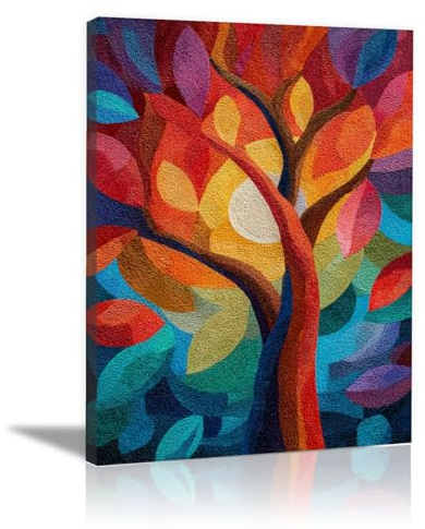 HOQIU quadri moderni Alberi colorati astratti albero della vita quadri, quadri in tela, per cucina, soggiorno e bagno(giallo)-80x120cm Incorniciato