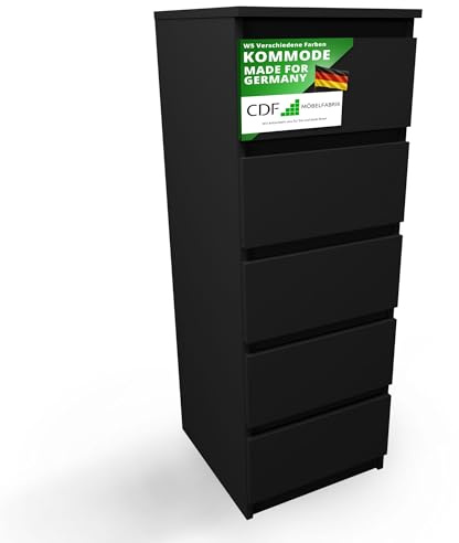CDF Kommode Schwarz Hoch Schubladenschrank mit 5 Schubladen Schmal Komode | 40B x 45T x 111H Wohnzimmer Schlafzimmer Flur Schrank Sideboard Highboard viel Stauraum Sideboard Malm Kommode Modern
