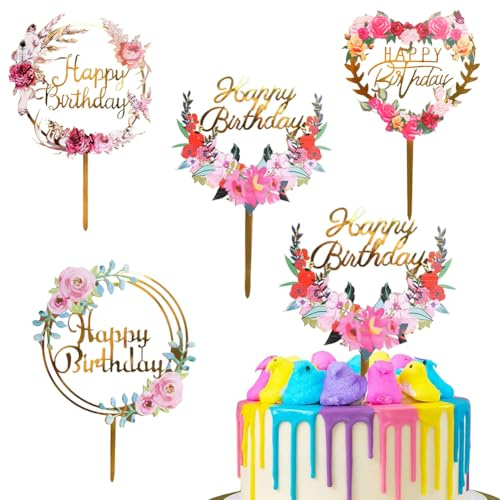 4 Pcs Flowers Cake Toppers, Flowers Happy Birthday Cake Topper, Acrylic Birthdays Party Wedding Supplies
