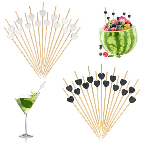 Cadeau Parfait pour Les fêtes : Piques brochette en Bambou Blanc et Noir, 200 pièces, Design cœur, pour Cocktails, Amuse-bouches et Fruits, Taille 12 cm, idéal pour événements, Mariages et annive