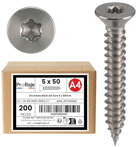 PRORAJE Vis à bois INOX A4 : 5 x 50 mm | Tête fraisée empreinte TORX (TX) | Acier inoxydable A4 (V4A / AISI 316) | construction/aggloméré/terrasse/etc : LOT DE 200 Pcs