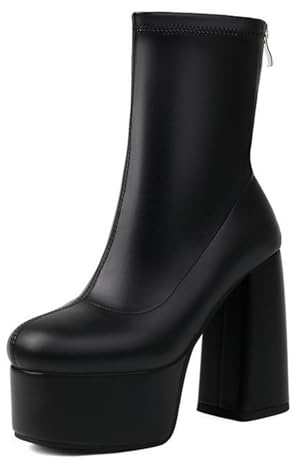 Dam Dragkedja bak Stövlar Ankel Material Stretch Platform Klackblock Tjock Yttersula Hög Platform För Shopping Helg Vecka Utflykter, svart, 40 EU