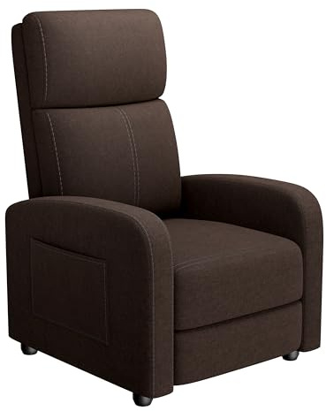 GarveeHome Linen Fabric Manual Recliner Chair, with Side Pocket, High Backrest, Thick Cushion, Adjustable Push Back Recliner, Lazy Lounge Chair for Living Room, Home Theater, Bedroom, Brown