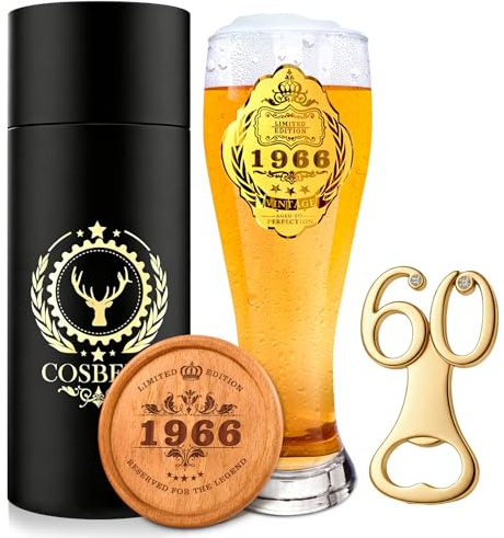 COSBERY Regalos de cumpleaños número 60 para hombres, decoración personalizada de 60 cumpleaños, regalos de cerveza para hombres, vaso de cerveza de 1966 de 580 ml, 60 abrebotellas de cerveza