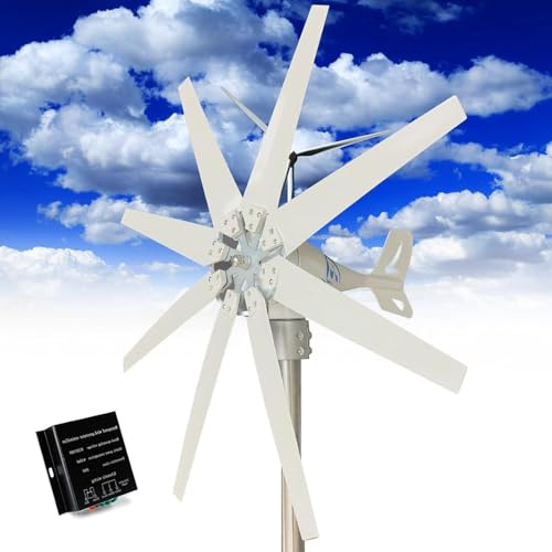 Pyrepping Generador de Turbina Eólica 12V 24V 48V Aerogenerador Horizontal 8 Cuchillas Velocidad Nominal 2 m/s, Kit Resistente y Durable con Controlador de Carga MPPT para Hogar, Chalets 10000W-48V