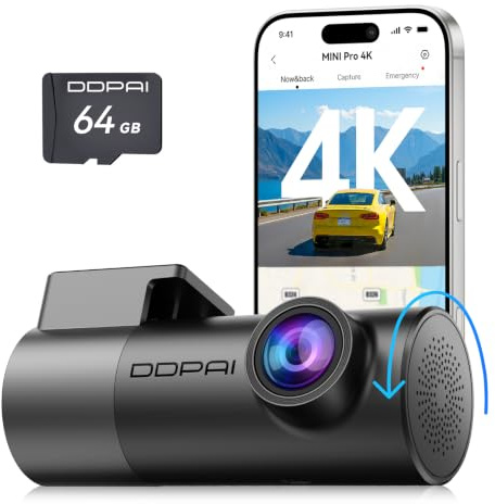 DDPAI Mini Pro 4K Dash CAM Coche, Cámara 2160P, Giración de 360°, Tarjeta 64GB Incluida, Visión Nocturna, 24H Monitor Aparcamiento, 5.8G WiFi 6, Grabación en Bucle, Control por App, Supercondensador
