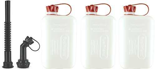 FuelFriend®-BIG CLEAR max. 2,0 Liter - Klein-Benzinkanister Mini-Reservekanister mit UN-Zulassung - im Dreierpack + Auslaufrohr-Set