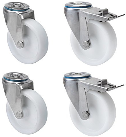Satz Transportgeräterolle Edelstahl 100 mm Rad aus Polyamid Rückenloch Lenkrolle mit ohne Feststeller V2A INOX Edelstahlrolle Polyamidrad Totalfeststeller Bremse Stop
