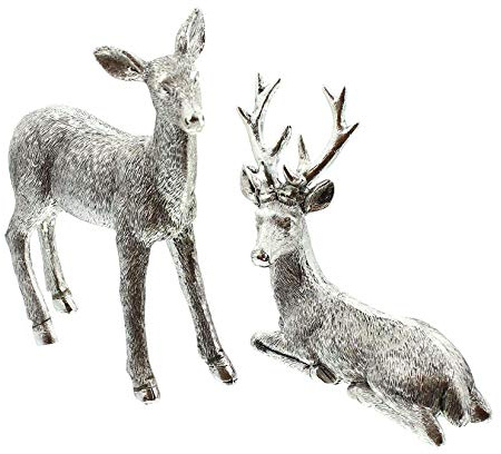 Dekoleidenschaft 2 Deko-Figuren REH & Hirsch, aus Polyresin, Silber glänzend, Tierfigur, 13 + 17 cm hoch, Tier-Skulptur, Weihnachtsdeko, Tischdeko