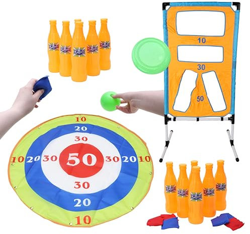 Toyland® Pack of 2 Outdoor Garden Games Bundle - Giant Frisbee Disc Shooting Score Game & 3 In 1 Bowling, Sand Bag & Target Game