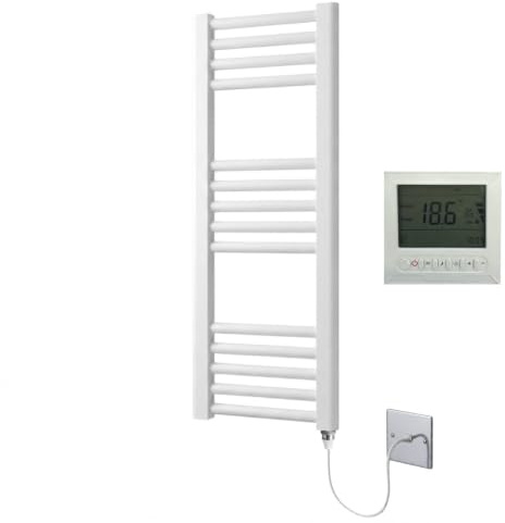 Greenedhouse White Electric Towel Rail Straight 300mm W x 800mm H + Timer | Includes 7 Day Timer/Thermostat, Heated, Bathroom Radiator, Towel Warmer, Flat, Straight