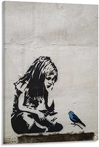 Bild auf Leinwand Banksy Graffiti Art Girl with Blue Bird Bilder Street Pop Art Gemälde Kunstdruck Modern Wandbilder XXL Wanddekoration Mit Rahmen 40x30cm
