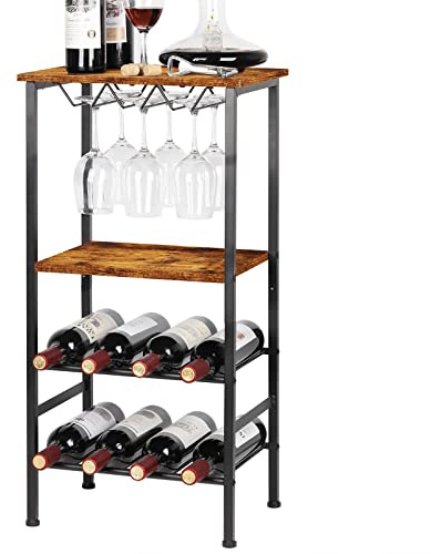 CADUKE Botellero Vino Escalonado Independiente, Mueble Bar con Tablero de Madera y Soporte para Copas y Estantes de Almacenamiento, Expositor Estantería para Cocina, Bar, Marrón Vintage 80x40x30cm