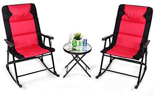 GOPLUS Klappbares Schaukelstuhl-Set mit Beistelltisch, Modernes Outdoor-Gartenmöbel-Set mit Rutschfesten Fußpolstern, 2 Schaukelstühle für Garten, Balkon, Terrasse und Innenhof (Rot)