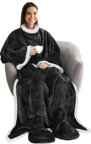 Catalonia Classy Tragbare Decke mit Ärmeln und Fußtaschen, bequeme Kuscheldecken für Frauen, Erwachsene, Männer, Fleece, warme, gemütliche Decke, Geschenkideen