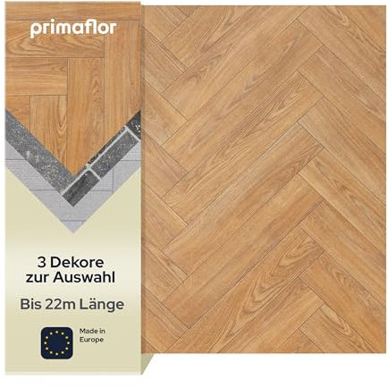 Primaflor PVC Bodenbelag Meterware - AKUSTIK-TEX, Fischgräte Eiche natur 669M, 2,00m x 1,00m, Vinyl-Boden in Holzoptik für Küche, Wohn- & Badezimmer, Hochwertige Auslegware, Anti-Rutsch Oberfläche
