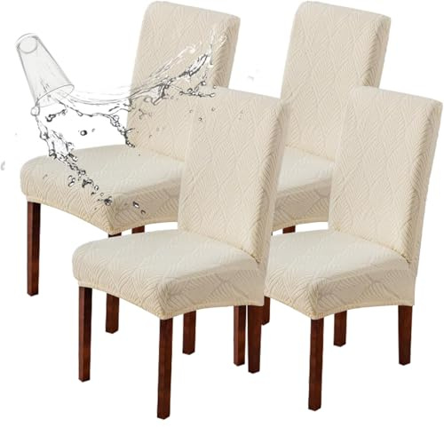 JUNZHE High Stretch Elastic Dining Chair Covers,Removable Washable Chair Protective Covers,Dining Chair Slipcovers Set of 2/4/6 (Cream-A,4 Pieces)