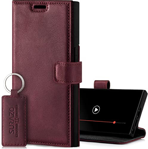 SURAZO Handyhülle für Samsung Galaxy S23 Ultra Hülle Leder – Klappbare Echtleder Schutzhülle [Magnet, Kartenfach, RFID Schutz, Standfunktion] Flip Klapphülle Wallet Case Cover Lederhülle (Burgund)
