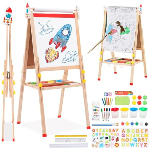 Kids Easel with Paper Roll Double-Sided Whiteboard & Chalkboard Height Adjustable Standing Easel Wooden Art Easel with Folding Storage Tray Numbers and Other Accessories Gift for Toddlers Boys Girls