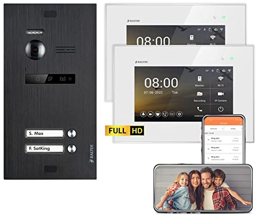 Balter EVO HD Schwarz/Weiß WiFi Video Türsprechanlage Set für 2 Familienhaus (1x Türstation mit Full HD-Kamera, 2X Touchscreen 7 Zoll Monitor, Smartphone APP, 2-Draht, 175° Weitwinkel)
