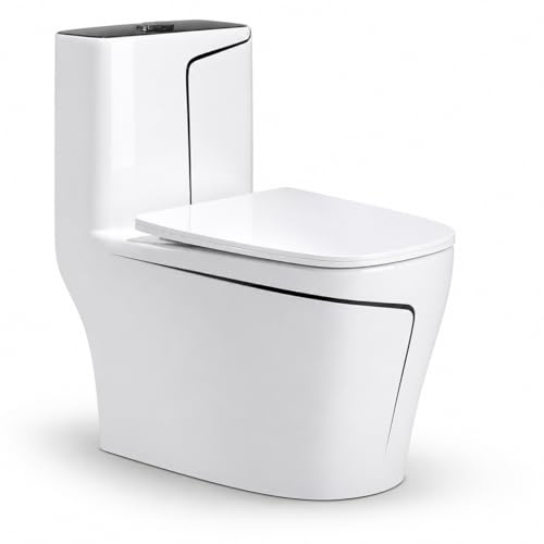 EGO INTERIORS Royalty Line | Einteiliges Stand-WC mit eingebautem Spülkasten | schwarz-weiße Keramik | randlos | Sitz mit Soft-Close-Absenkautomatik | Quick-Release-Scharniere
