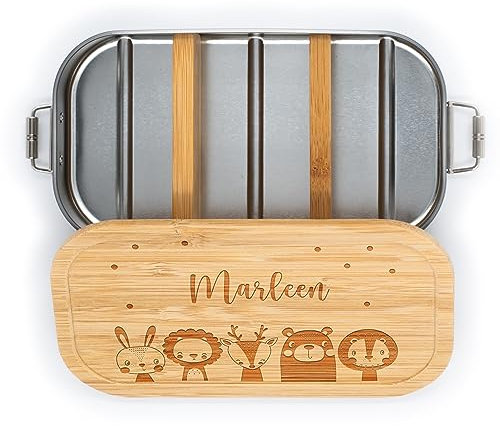 Kidsmood- Personalisierte brotdose mit Bambusdeckel, Individuelle Edelstahl lunchbox für kinder mit Wunschnamen, Ideal für Schule und Kindergarten, personalisierte Geschenke Kinder
