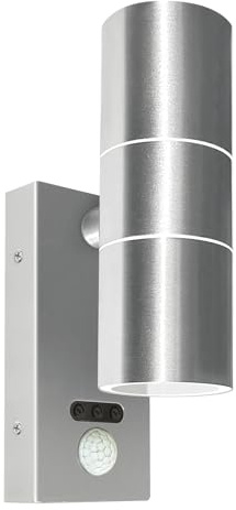 Kerry Outside Wall Lights with Sensor, IP65 Waterproof Up Down Outdoor Lighting, External Pir Wall Mount Security Light, Silver Stainless Steel Exterior Light Mains Powered for Front Door (Bulb Excl.)
