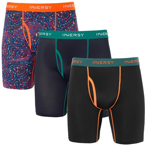 INNERSY Long Leg Boxers for Men Anti Chafing Underwear Pants Sports Underpants with Fly 3 Pack (L, Black/Deep Blue/Pattern)
