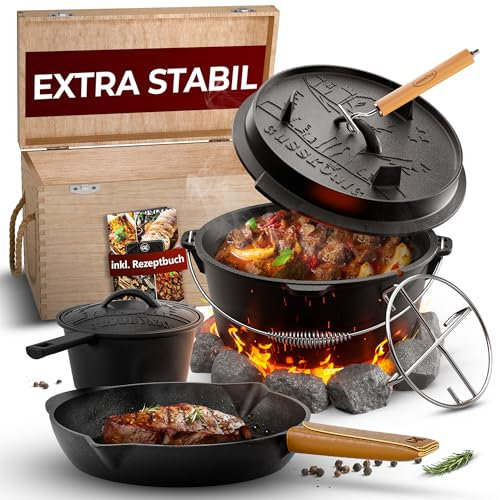 GUSSKÖNIG Set de Dutch Oven 8 pièces - ensemble de casseroles en fonte déjà prétraitées - Marmite Feu de bois - Marmite en fonte feu de bois - avec livre de recettes pour Dutch Oven inclus
