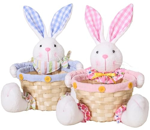 DEARMAMY 2pcs Easter Bunny Woven Basket Egg Hunt Basket Fruit Snacks Storage Container Easter Rabbit Figurine with Basket for Spring Easter Party Favors