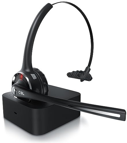CSL - Headset kabellos mit Ladestation - Bluetooth PC Headset mit flexiblem Mikrofon - Multipoint - kabellos - leicht - freisprechen - für Auto und LKW Computer Call Center Handys