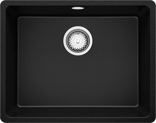 PRIMAGRAN Fregadero Cocina al Mueble 60cm + Kit de desagüe, 56x44cm | Set: Kit de desagüe (sifón, válvula, rebosadero) + Venecia Easy Slim 1 Seno Granito, Negro