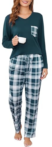 Sopesil Pyjama Femme Hiver Ensemble de Pyjama Chaud et Doux Col V à Manches Longue et Bas de Pyjama à Carreaux Vêtement de Nuit 2 Pièces pour Femmes avec Poches,S-XXL
