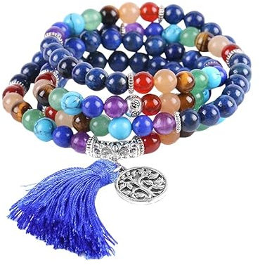DyLyz Boho Mala Wickelarmband Lapislazuli Steinperlen Armband Lebensbaum Charm Armband Mehrschichtige Edelstein Quasten Armbänder Kristall Yoga Reiki Armreif Handgelenk Für Frauen Männer